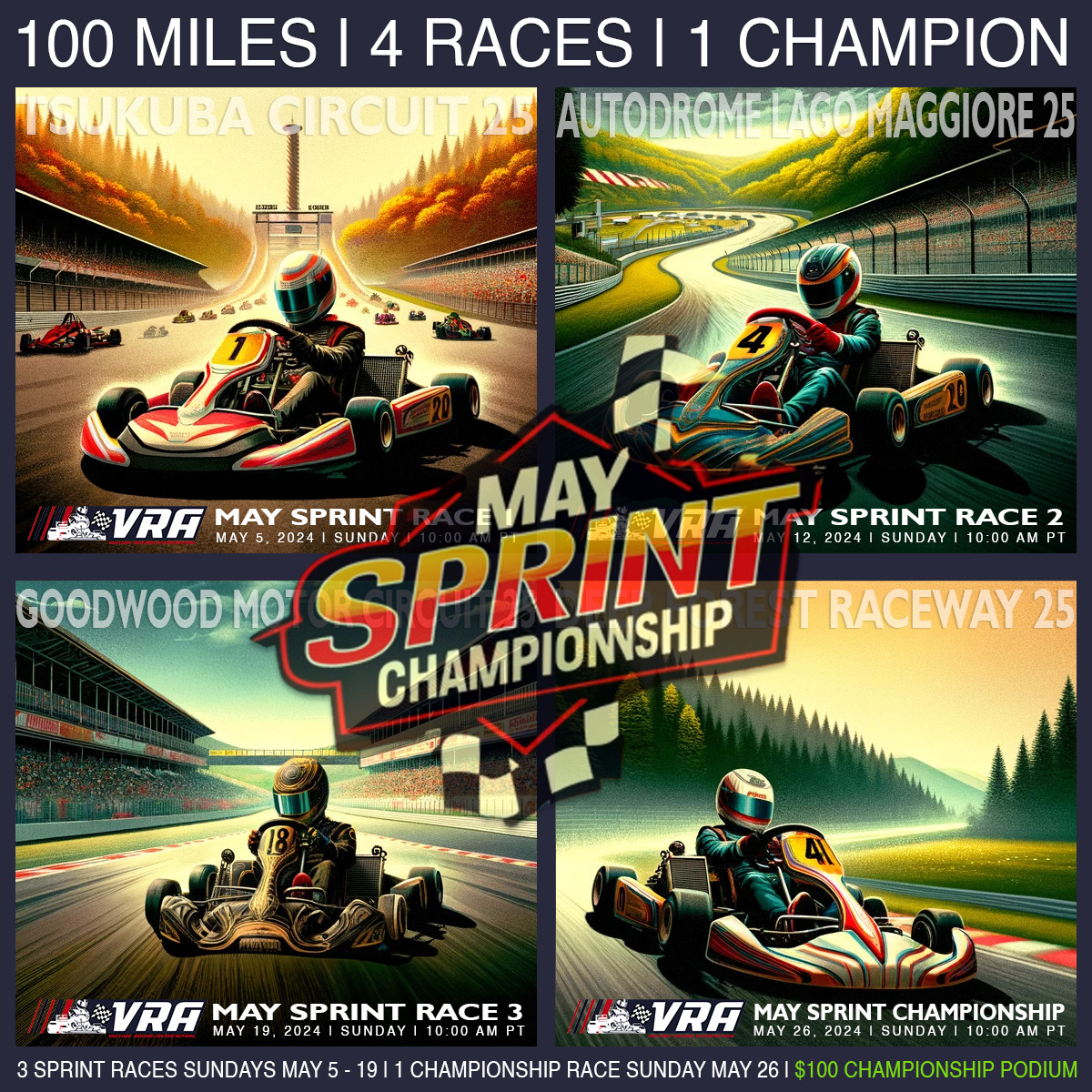 Gear up for the May Karting Sprint Championship! With a $100 prize pool on the line, it’s time to show what you’ve got!

4 races, Points system to crown the champ,  $100 up for grabs.

Sign up now vraracing.com

#MaySprintChampionship #RaceForCash #KartingLife