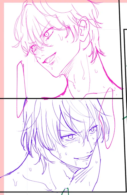 下書きが全部と線画が4ページまで終わりました。
これはバキバキにテンションが上がってる男二人 