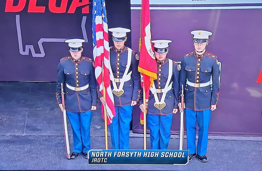 NFHS ROTC Color Guard presents colors at the Talladega Speedway NASCAR race today. So proud of this group for representing the Marine Corps, NFHS, and Forsyth County Schools.@NFTheNation @FCSchoolsGA @DrJeffBearden @leeanne_rice @JMY_FCS @Holdon2022Mills