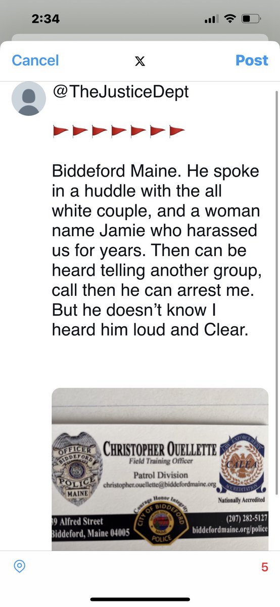 ⁦@MEStatePolice⁩ 

🚩🚩🚩🚩🚩🚩🚩

        Biddeford Police
After arrival@28 Raymond St, he quickly huddled with the HARASSMENT team (all white).
Then I spoke, he admitted I was in my rights.
Then he could be heard instructing the mob how to get me ARRESTED.

#TaintedBADGE