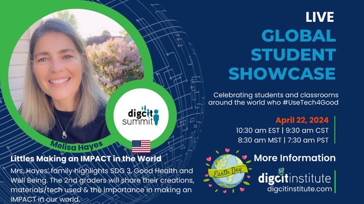 MrsHayesfam's tweet photo. Excited for my kids to share out again this year for the #GlobalStudentShowcase @digcitinstitute 
🔥2morrow #EarthDay 
🌟10:30 est. 
❤️ showcasing #SDG3 
Click link below to watch 2morrow;)
https://t.co/inMTyHWdBl…
#UseTech4Good  #DigCitSDGs #SDGs #OGC #EarthDay  
#EduGuardians https://t.co/dolPvFZUi7