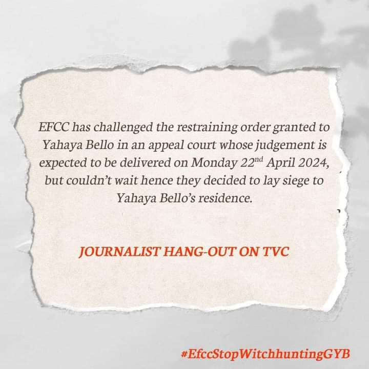 Why moving so fast? Doesn't it seem suspicious and induced? For God sake, Yahaya Bello on acted within the purview of the law, the EFCC should not be ahead of their nose except there's an evil motive behind the arrest.. . . #EfccStopWitchHuntingFGYB