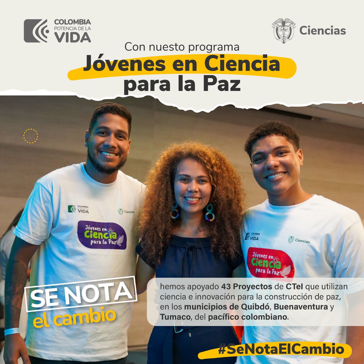 #SeNotaElCambio en la vida de jóvenes de Quibdó, Buenaventura y Tumaco, que reciben apoyo en proyectos de Ciencia, Tecnología e Innovación, y ven en la investigación y conocimiento una posibilidad de proyecto de vida. 📌Programa Jóvenes en #CienciaParaLaPaz