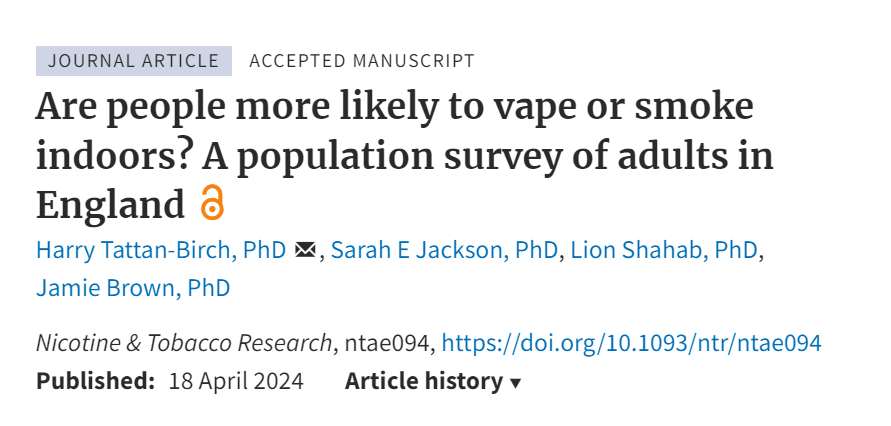 New paper led by Harry @TattanBirch finds adults in England are much more likely to vape than smoke indoors.

This was true when we compared exclusive vapers with exclusive smokers and when we looked at differences within people who both vaped and smoked.

academic.oup.com/ntr/advance-ar…