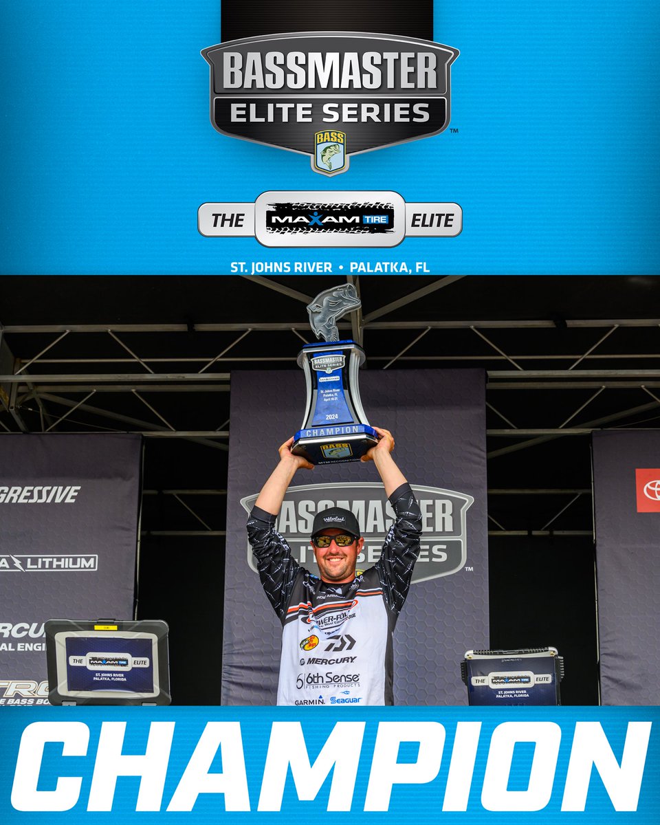 bassmaster's tweet photo. Cory Johnston takes the title in dominant fashion at the @MaxamTire Bassmaster Elite on the St. Johns River with a 4️⃣-day total of 93 pounds, 6 ounces! 

#bass #bassmaster #BassElite #Champion #StJohnsRiver https://t.co/GJduqS9Jjh