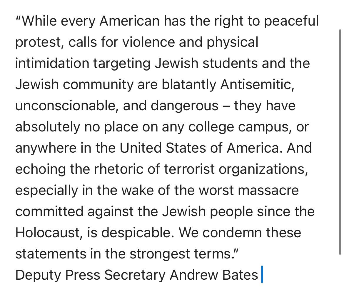 New statement from the WH on the protests at Columbia: