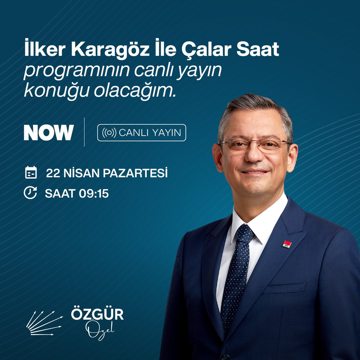 CHP lideri #ÖzgürÖzel #NOW’da @Karagozilker ile #ÇalarSaat camlı yayın konuğu oluyor… @eczozgurozel