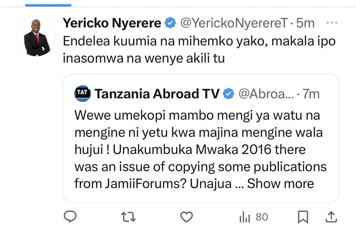 We mbugila umeni block ukidhani Sita pata unachoandika! Wee Kalime bamia tu Mbutu huna ujualo kwenye mambo ya maandiko ya vitabu ! Mwaka fulan umeiba andiko langu JamiiForums 
Nikalalamika hata makosa ya spelling nilokuwa nafanya amekopi yalivyo bila hata kujiridhisha!

Yaan…