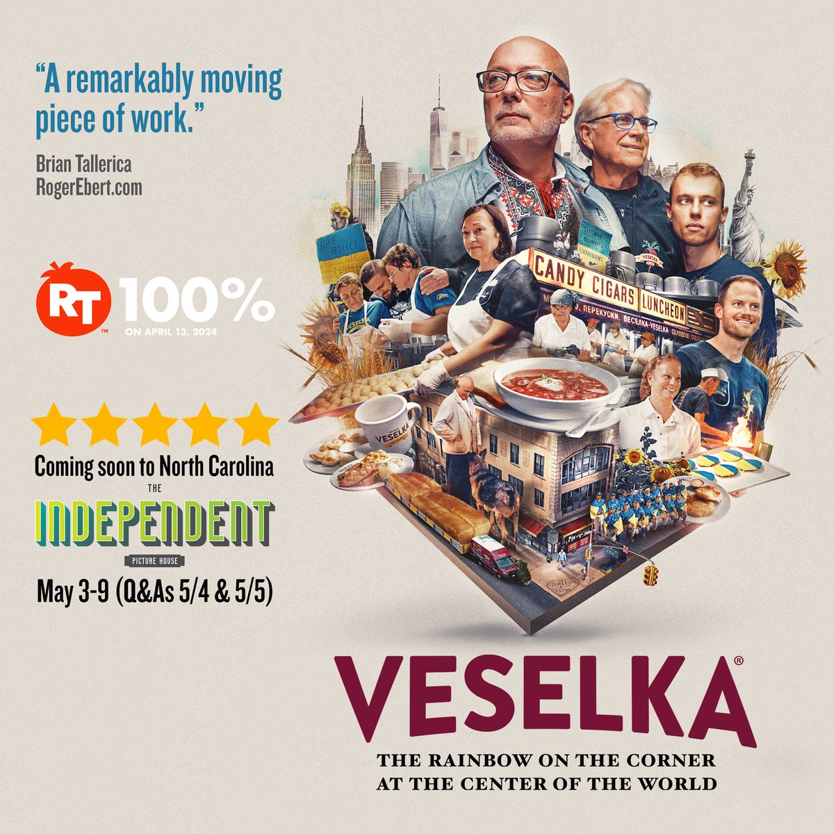 May 3-9 @veselkamovie will play in Charlotte, NC at The Independent Picture House (@IPH_clt). Q&As with writer/director Michael Fiore are on sale (5/4 at 7pm; 5/5 at 1pm)! Other showtimes TBA! See the @veselkanyc story on the big screen! Tix: independentpicturehouse.org/movies/veselka…