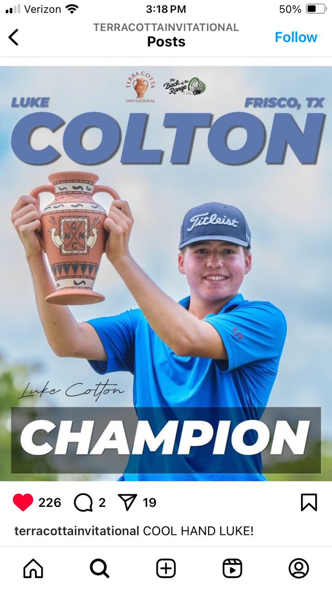 He goes wire to wire this weekend in Naples.  Great job Luke, proud of you.