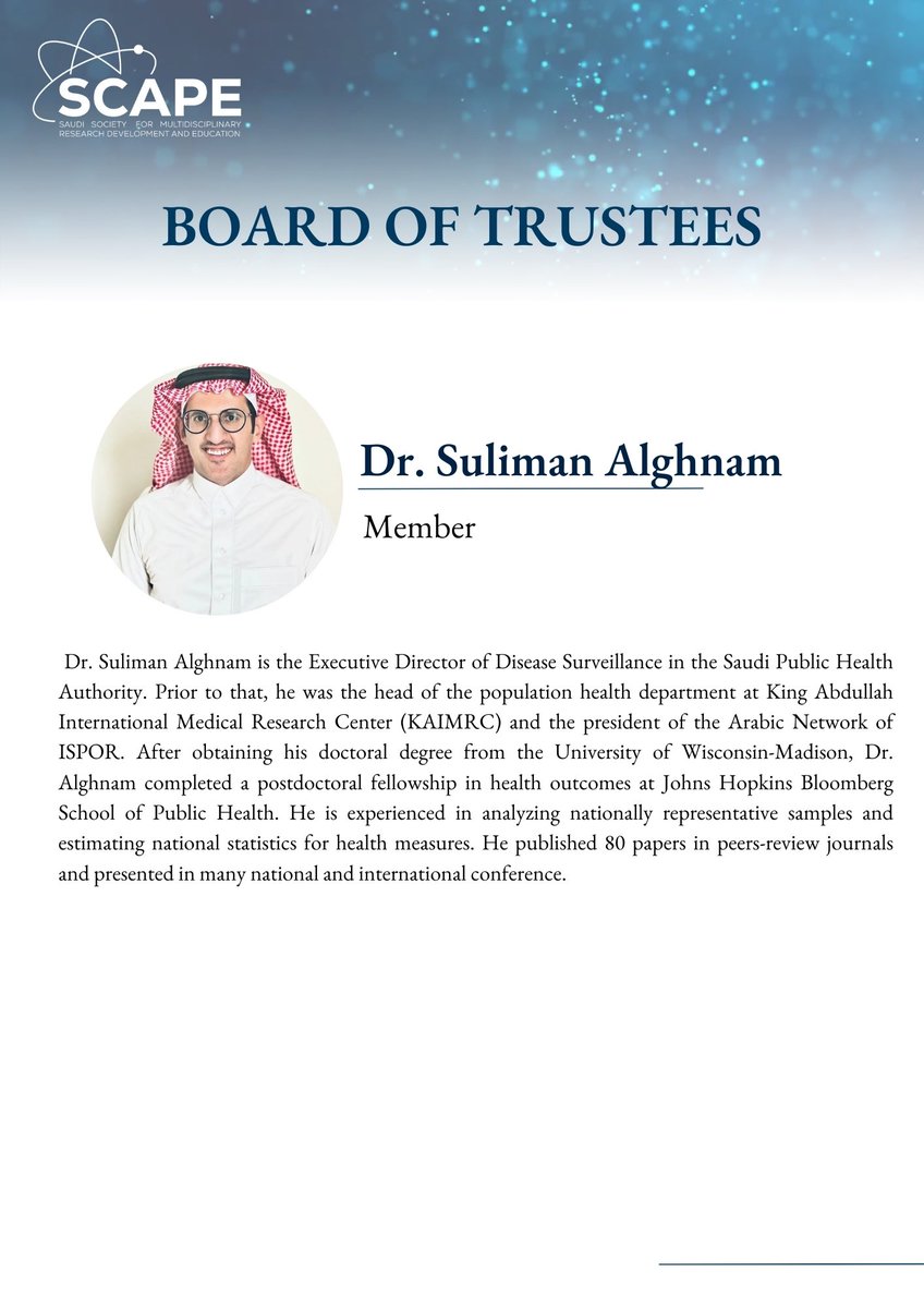 Scape_Society's tweet photo. 🇸🇦🇸🇦🇸🇦

Thrilled to extend a warm welcome to our esteemed board of trustees members! 
 
Dr. Suliman Alghnam
@AlghnamS 

Your expertise and insights will be invaluable as we work towards our mission. 

Looking forward to a successful and impactful journey together! https://t.co/cPk4nRNq2O