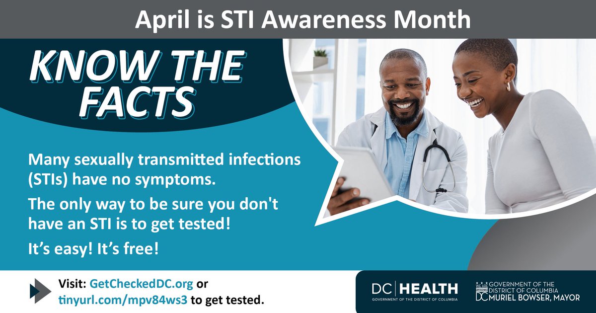 April is #STIAwarenessMonth! Many sexually transmitted infections (STIs) have no symptoms. The only way you can be sure if you’re fine is to get yourself tested. Visit: GetCheckedDC.org to get tested.