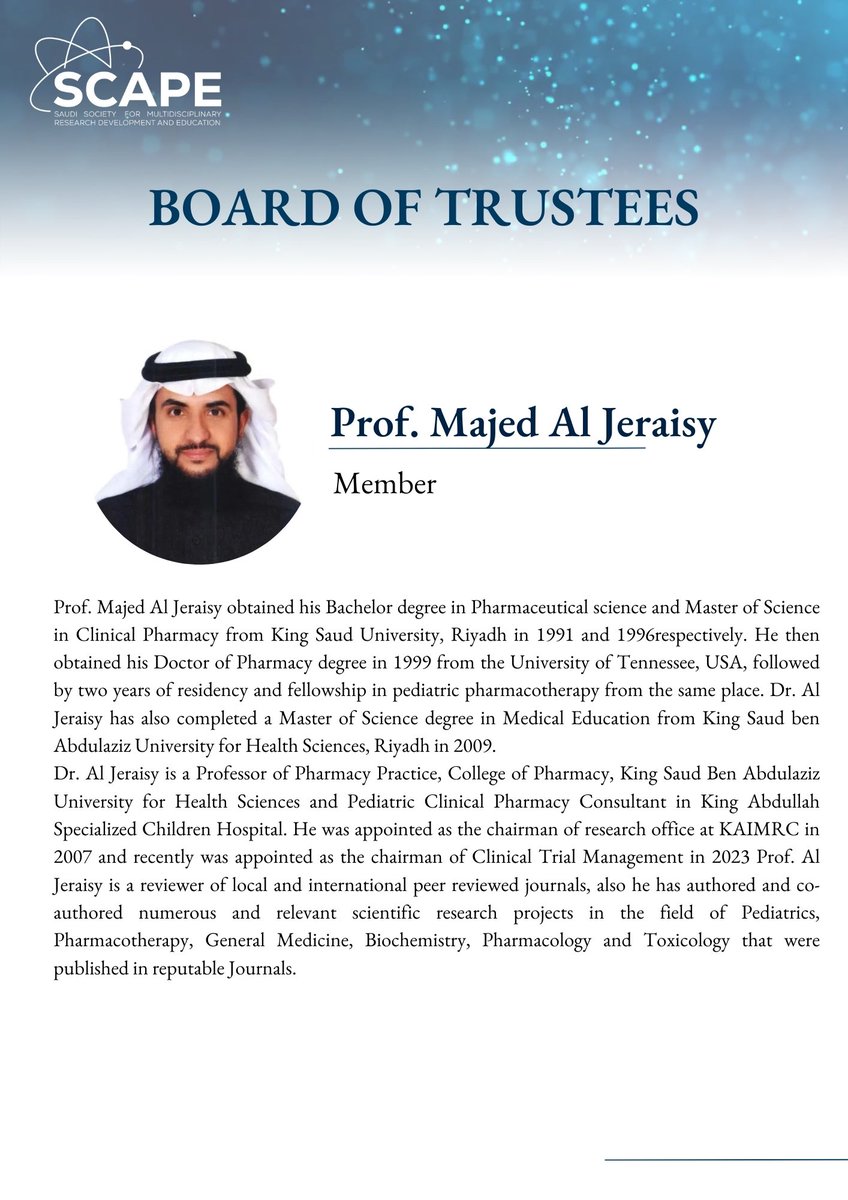Scape_Society's tweet photo. 🇸🇦🇸🇦🇸🇦

Thrilled to extend a warm welcome to our esteemed board of trustees members! 
 
Prof. Majed Al Jeraisy
 
Your expertise and insights will be invaluable as we work towards our mission. 

Looking forward to a successful and impactful journey together! https://t.co/ZyNkydQeyY