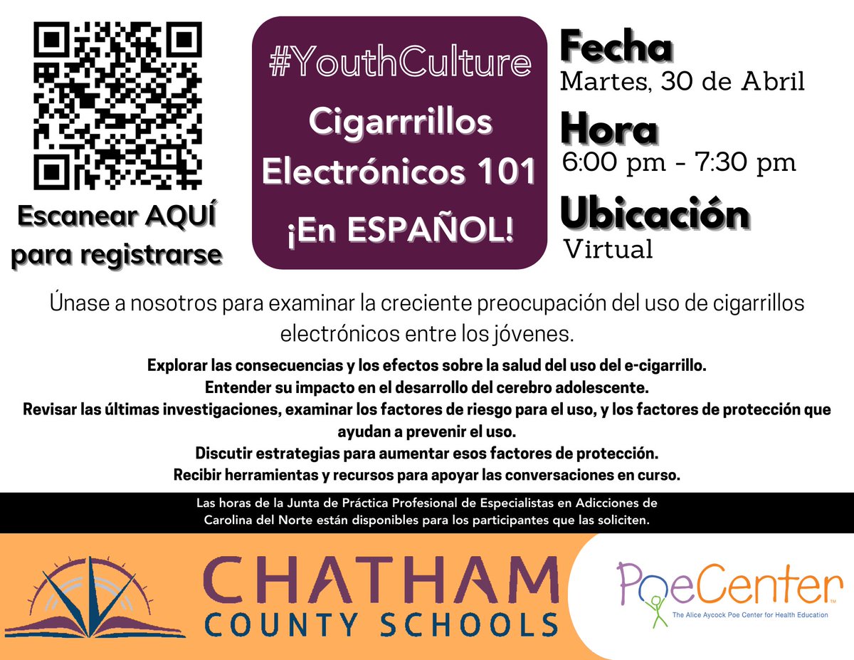 Information session on vaping Tuesday, April 30th from 6:00-7:30 via zoom. THIS EVENT WILL BE IN SPANISH. Teachers, parents and caregivers are invited to join! The event is being organized by CCS Student Services and sponsored by Chatham Drug Free. #youthculture #OneChatham