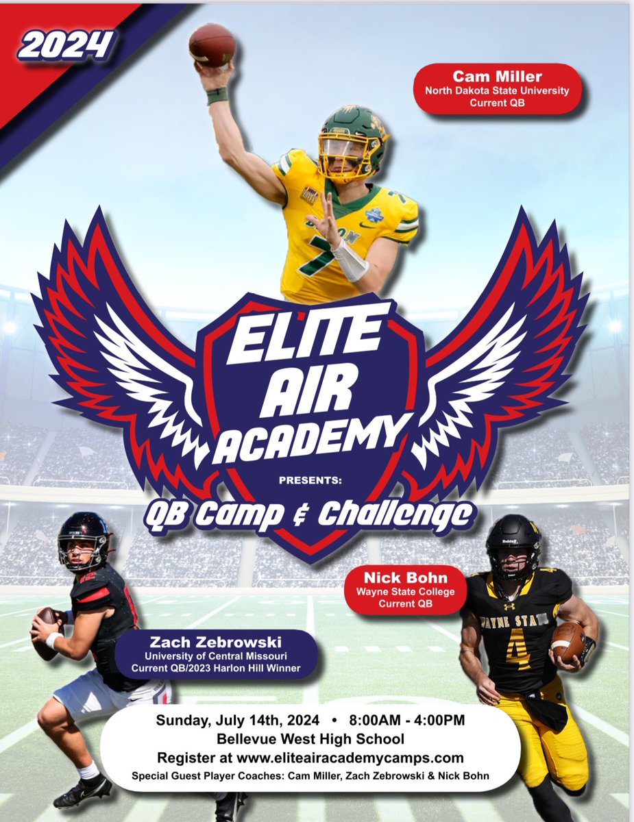 Ryan Williams (RJ) (@ryanwilliams_rj) on Twitter photo Excited to announce the upcoming QB event of the summer in Nebraska on Sunday July 14th.
Thankful to
Special guest player coaches & their upcoming contributions.
<a href="/cammiller_5/">Cam Miller</a>
<a href="/zach_zebrowski5/">Zach Zebrowski</a>
<a href="/nick4bohn/">Nick Bohn</a>
Get signed up today at
eliteairacademycamps.com
DM <a href="/RyanWilliams_RJ/">Ryan Williams (RJ)</a> Excited to announce the upcoming QB event of the summer in Nebraska on Sunday July 14th.
Thankful to
Special guest player coaches & their upcoming contributions.
<a href="/cammiller_5/">Cam Miller</a>
<a href="/zach_zebrowski5/">Zach Zebrowski</a>
<a href="/nick4bohn/">Nick Bohn</a>
Get signed up today at
eliteairacademycamps.com
DM <a href="/RyanWilliams_RJ/">Ryan Williams (RJ)</a>