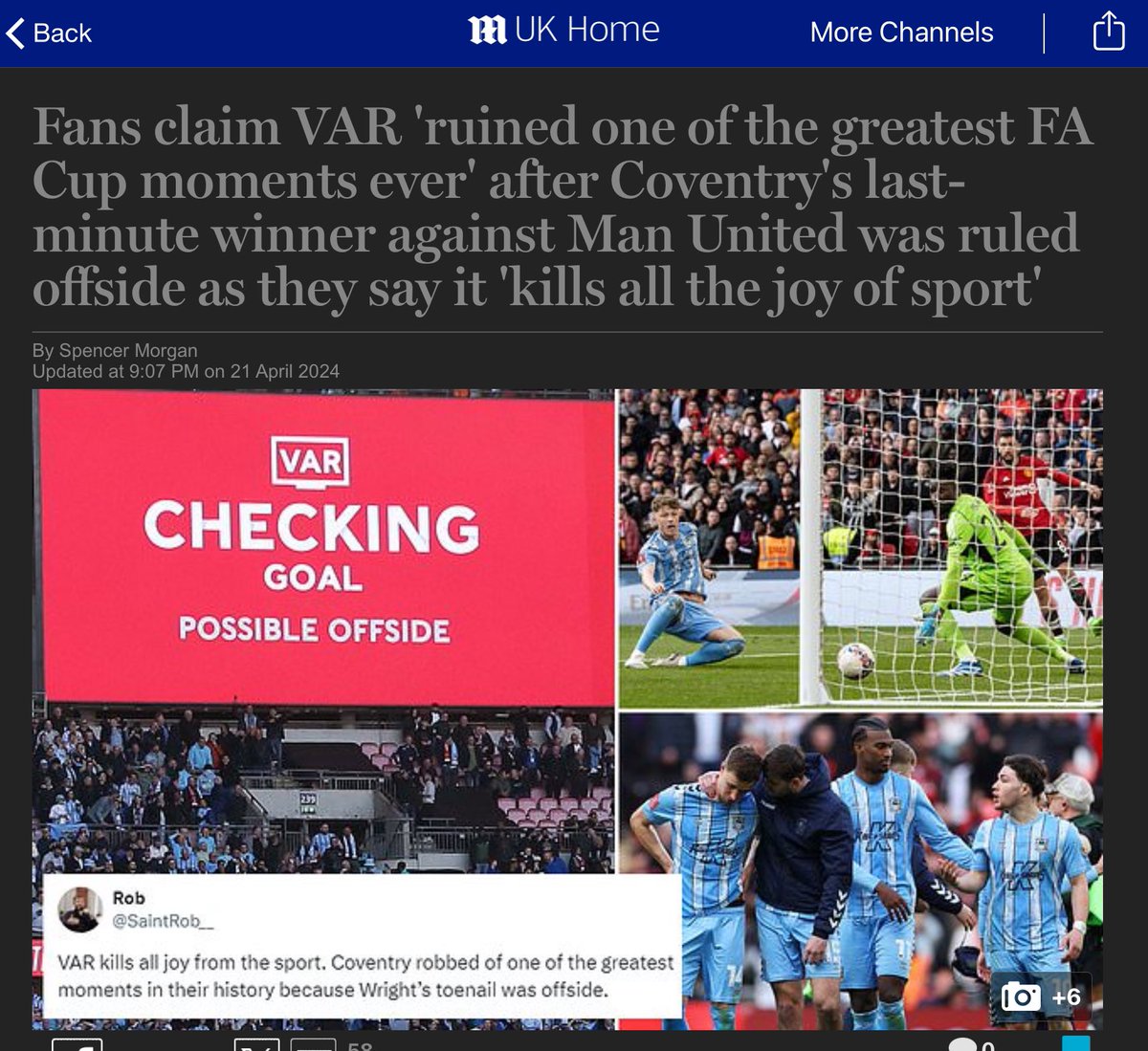 Jeremy Vine | Here, on Insta & Facebook (@thejeremyvine) on Twitter photo I agree with this. #VAR destroyed the #FACupsemifinal. There was no “clear and obvious error” by the officials on the pitch and the 4-3 goal by heroic <a href="/Coventry_City/">Coventry City</a> should have stood. Instead of being remembered as one of the greatest FA Cup matches in history, it's yet another I agree with this. #VAR destroyed the #FACupsemifinal. There was no “clear and obvious error” by the officials on the pitch and the 4-3 goal by heroic <a href="/Coventry_City/">Coventry City</a> should have stood. Instead of being remembered as one of the greatest FA Cup matches in history, it's yet another