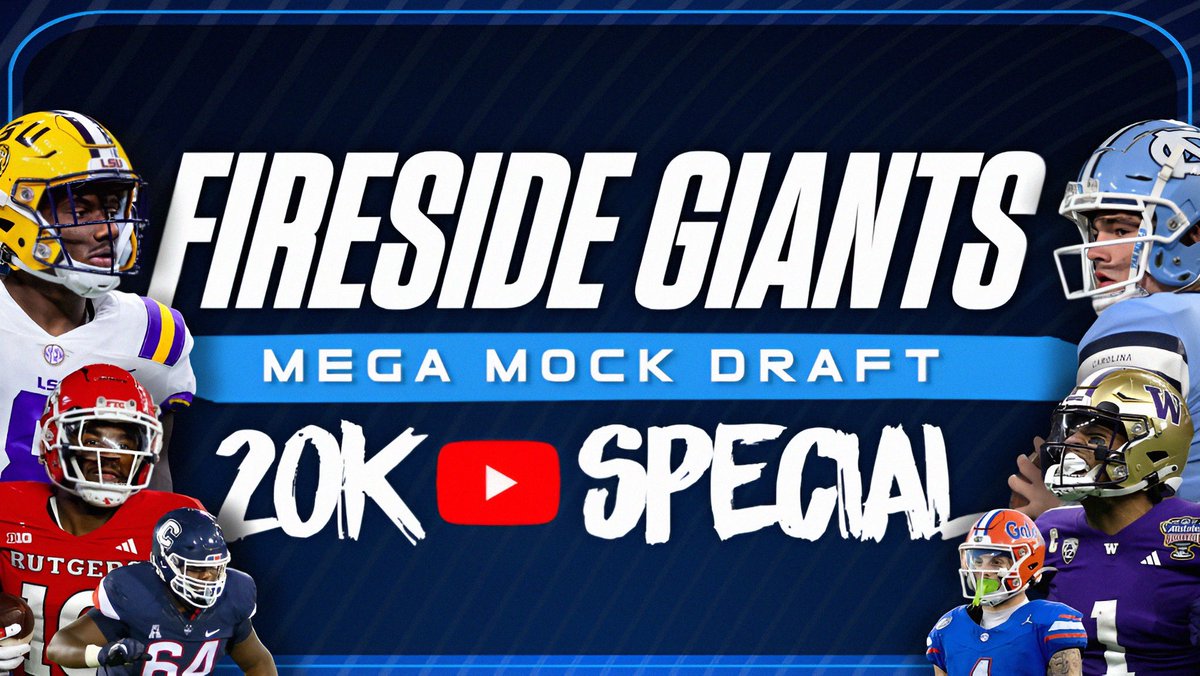 Premiering at 5:30pm: The Fireside Giants Mega Mock Draft 20k Special 🔥🔥 Celebrating 20k subs with a 2.5 hour special episode featuring a panel of fire special guests to predict the picks for the #Giants🙌 TUNE IN BELOW⬇️ youtu.be/znSyjpW02Xg?si…