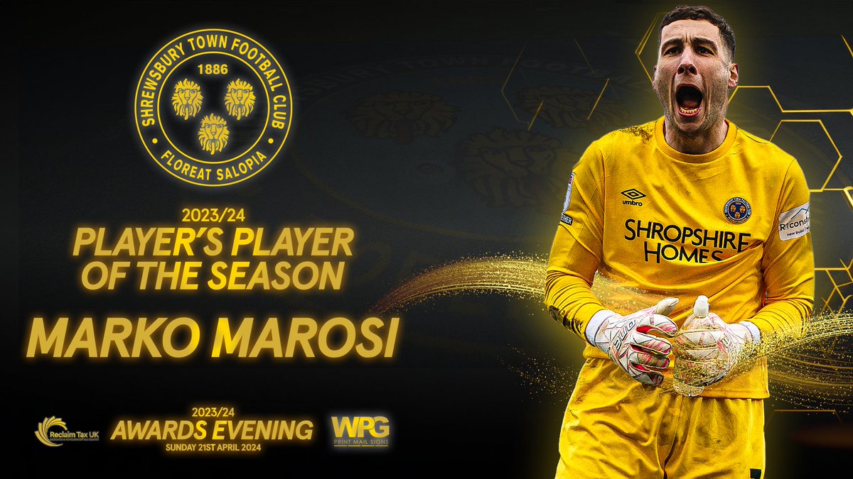 Your Shrewsbury Town Players' Player for the 2023/24 season, sponsored by Churchill Integrated Services, is Marko Marosi!

🔷🔶 #Salop