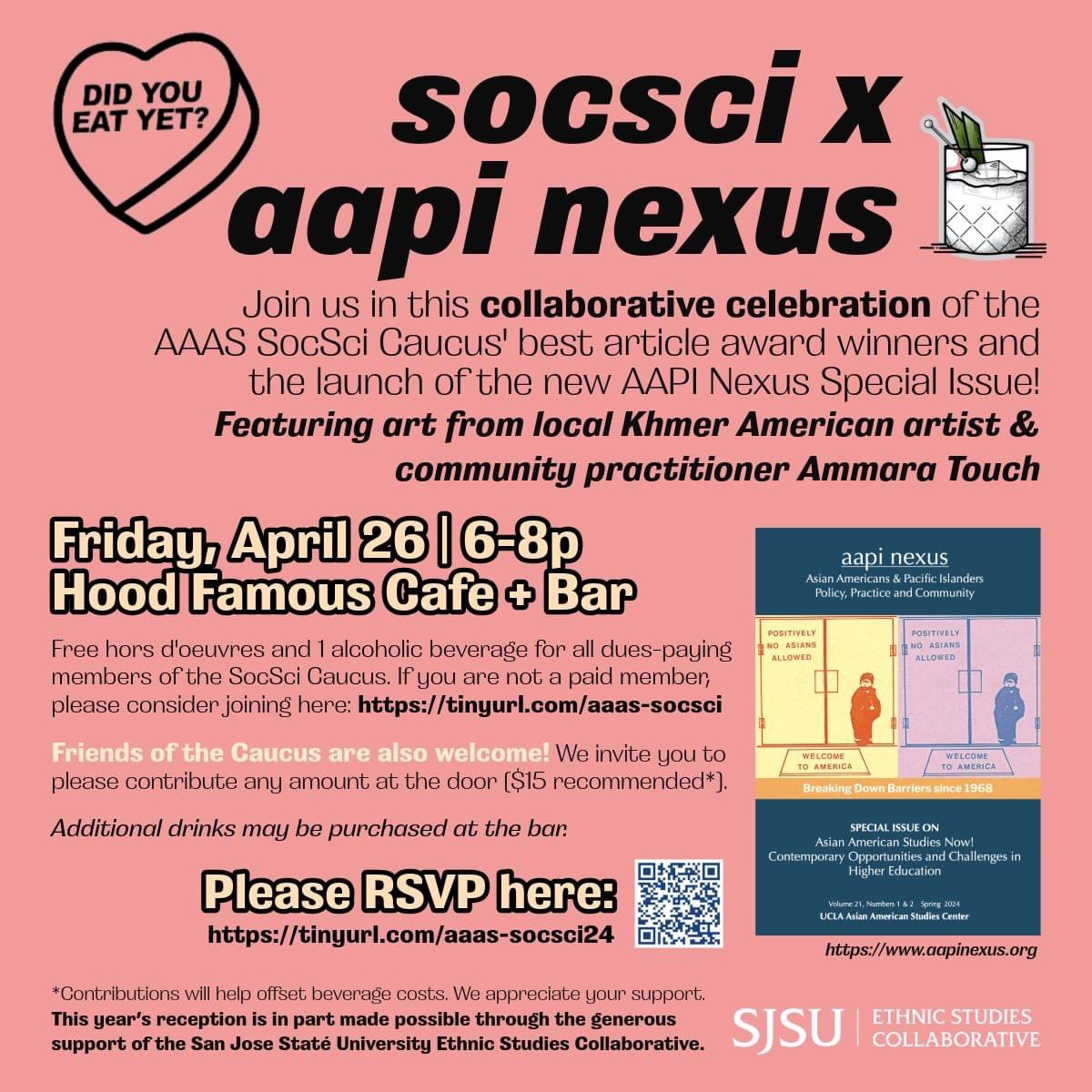 aaassocialsci's tweet photo. For those attending AAAS this year in Seattle, please come and enjoy local Asian American food, drinks, and art with fellow Caucus members at this year's reception! The Reception is scheduled for April 26, 6-8pm at Hood Famous Cafe + Bar (504 5th Ave S #107a, Seattle WA, 98104). https://t.co/yBCu5Ihx8q