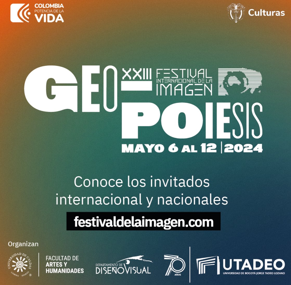 Del 6 al 12 de mayo podrás disfrutar del XXIII Festival Internacional de la Imagen con muestras en Manizales y Bogotá. Conoce como asistir en: festivaldelaimagen.com​ ​ #ImagenFest2024 #GEOpoies #Arte #Diseño #Ciencia #Tecnología #Art #Design #Science ​#Technology