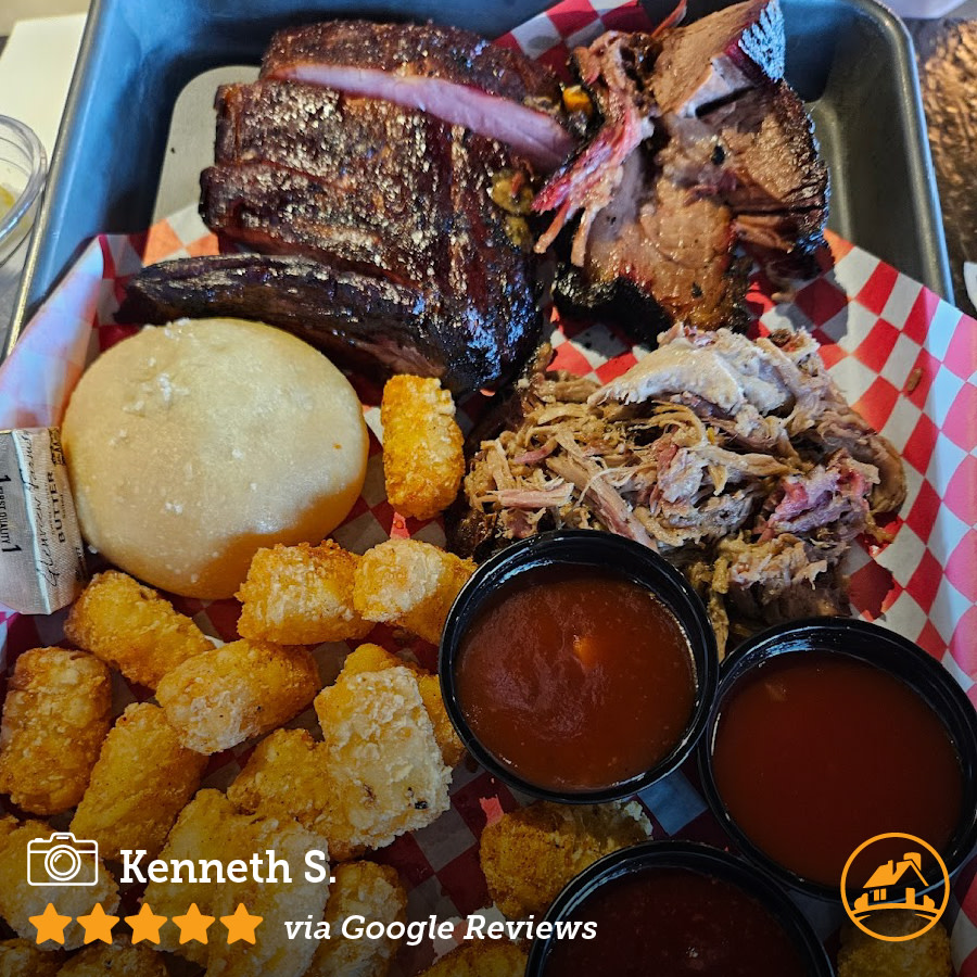 Shoutout to Kenneth S. for a photo of our Three Meat Sampler! 'Really good barbecue great sides friendly service wait your own table style. Will definitely be back for more. [Their] brisket absolutely melts in your mouth but the ribs are also very good and so is the pulled pork.'