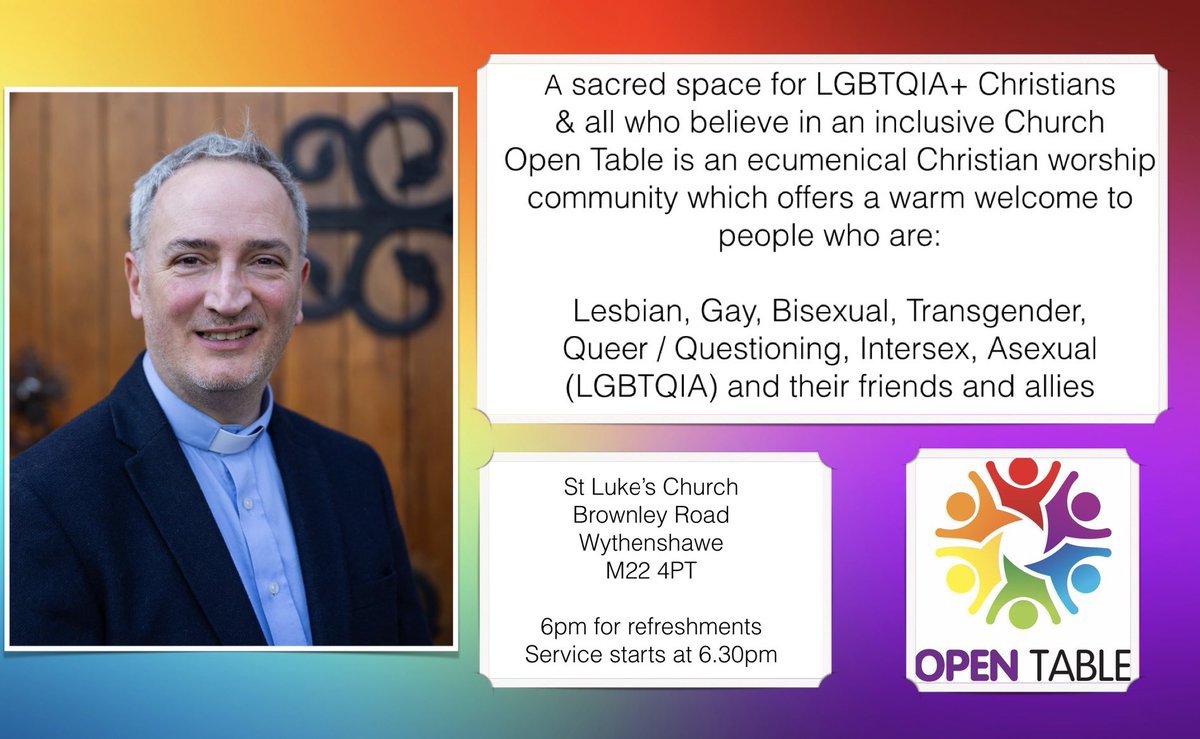We’re very much looking forward to welcoming Revd Nick Bundock to St Luke’s Church for our next LGBTQIA+ Open Table service on Sunday 28th April. Nick will be sharing with us the story of St James & Emmanuel Church in Didsbury and their journey toward full inclusion ✝️🙏🏳️‍🌈