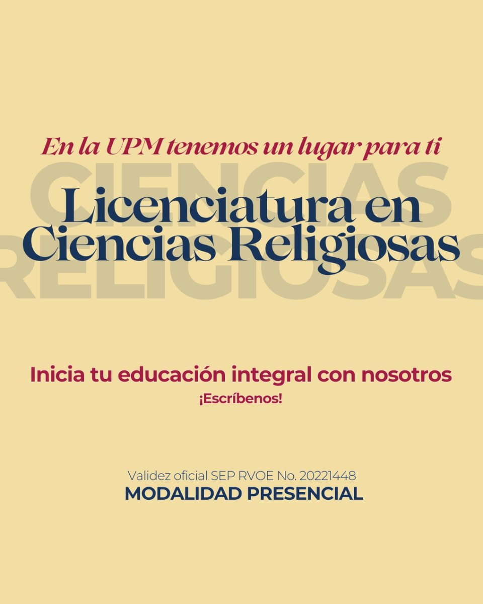 En la Licenciaturas en Ciencias Religiosas podrás reflexionar sobre la realidad del fenómeno religioso con un enfoque interdisciplinar desde la teología, la filosofía y las ciencias sociales. Inscripciones abiertas👉 i.mtr.cool/lcyvgorwwt Contáctanos👉 i.mtr.cool/fxtvysbfcd