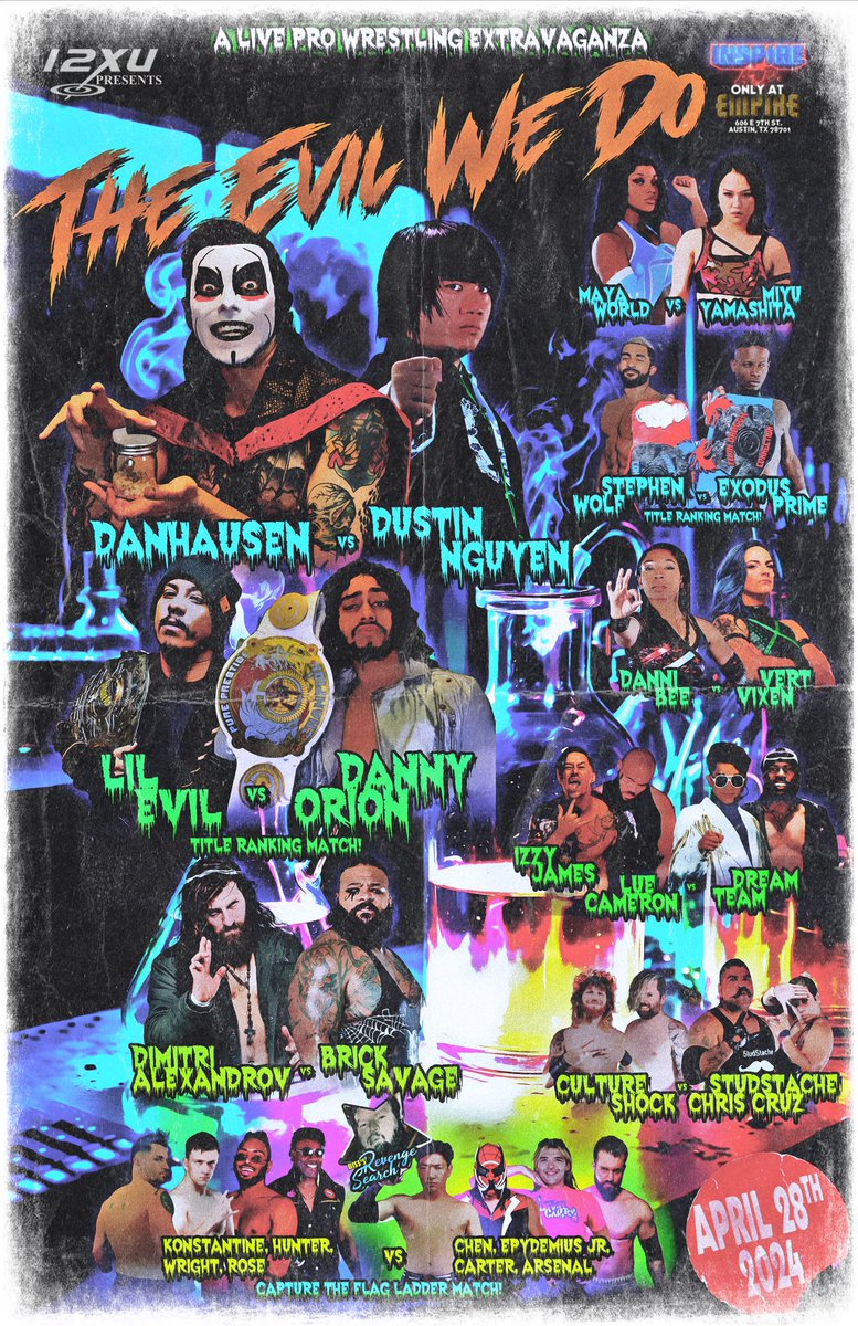 NOW IT CAN BE TOLD! INSPIRE A.D. presents THE EVIL WE DO on SUNDAY April 28th at EMPIRE CONTROL ROOM @EmpireATX (606 E. 7th St) in Austin, TX! Sponsored by 12XU Records @12XUrecs Doors open at 5 PM with a 6 PM Bell Time! TICKETS: ticketstripe.com/events/3146104…