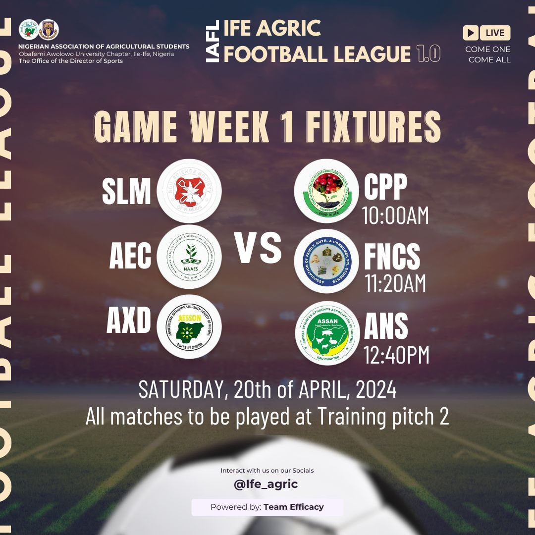 Ife_Agric's tweet photo. IFE AGRIC FOOTBALL LEAGUE [IAFL 1.O] 
Game week 1 Recap.
A Thread ⬇️ 
Game week 1 fixtures. 
#Oau #iafl #football https://t.co/06z8Eixemj
