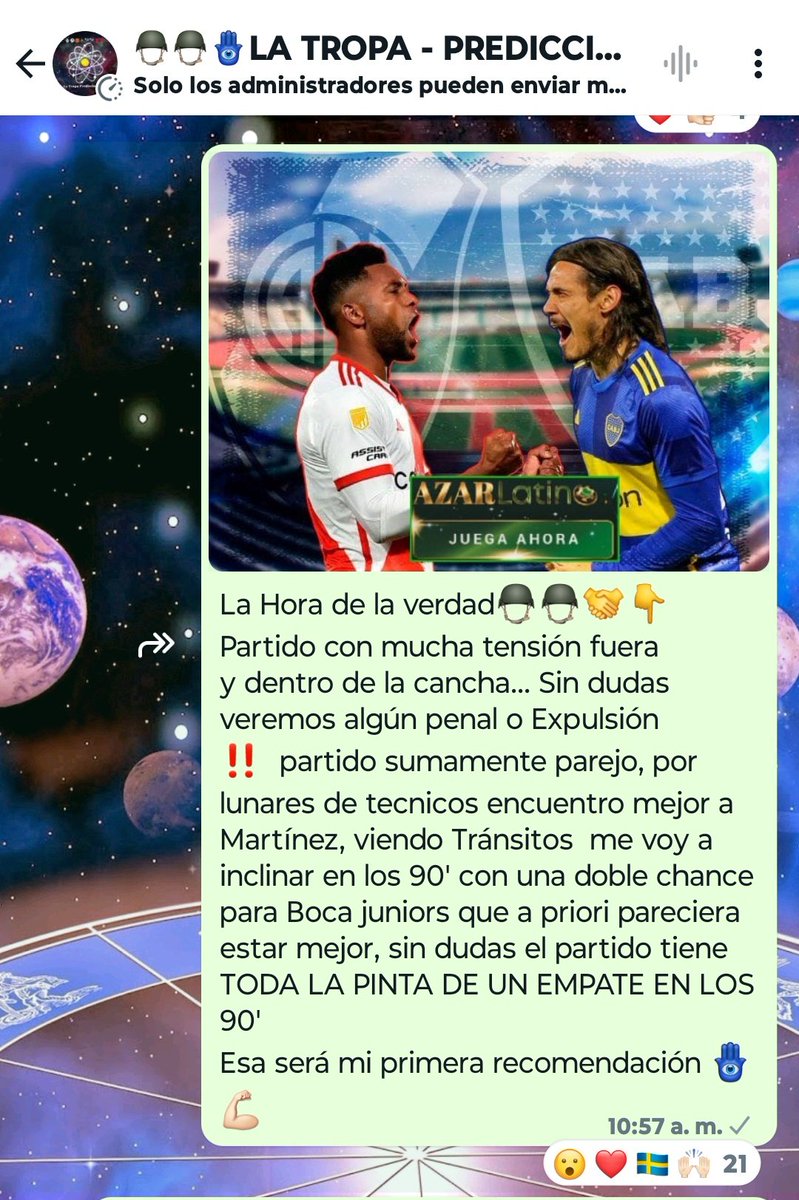 Astro_Psicolog1's tweet photo. Y por supuesto, hoy también fuimos CONTUNDENTES en nuestro grupo de WhatsApp ✅ uno de mis astrologos dijo
"@BocaJrsOficial elimina a @RiverPlate "
Y yo avisé que #BocaJuniors tenía todas las posibilidades de ganar en los 90'
GRUPO DE WHATSAPP LA TROPA. https://t.co/0KBFQ9aKRT