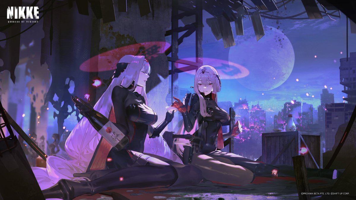 NIKKE_en's tweet photo. 【1.5 Anniversary Update Countdown - D3】

We are only 3 days away from our 1.5 Anniversary version update! 🎉

Check out the illustration of Rose and Scarlet by sawana (@cocox9fu0)~

Rose and Scarlet share a nostalgic moment together under the moonlight, as Rose pours wine for Scarlet, who is unable to taste it.

#NIKKE
#NIKKEAnniversary
