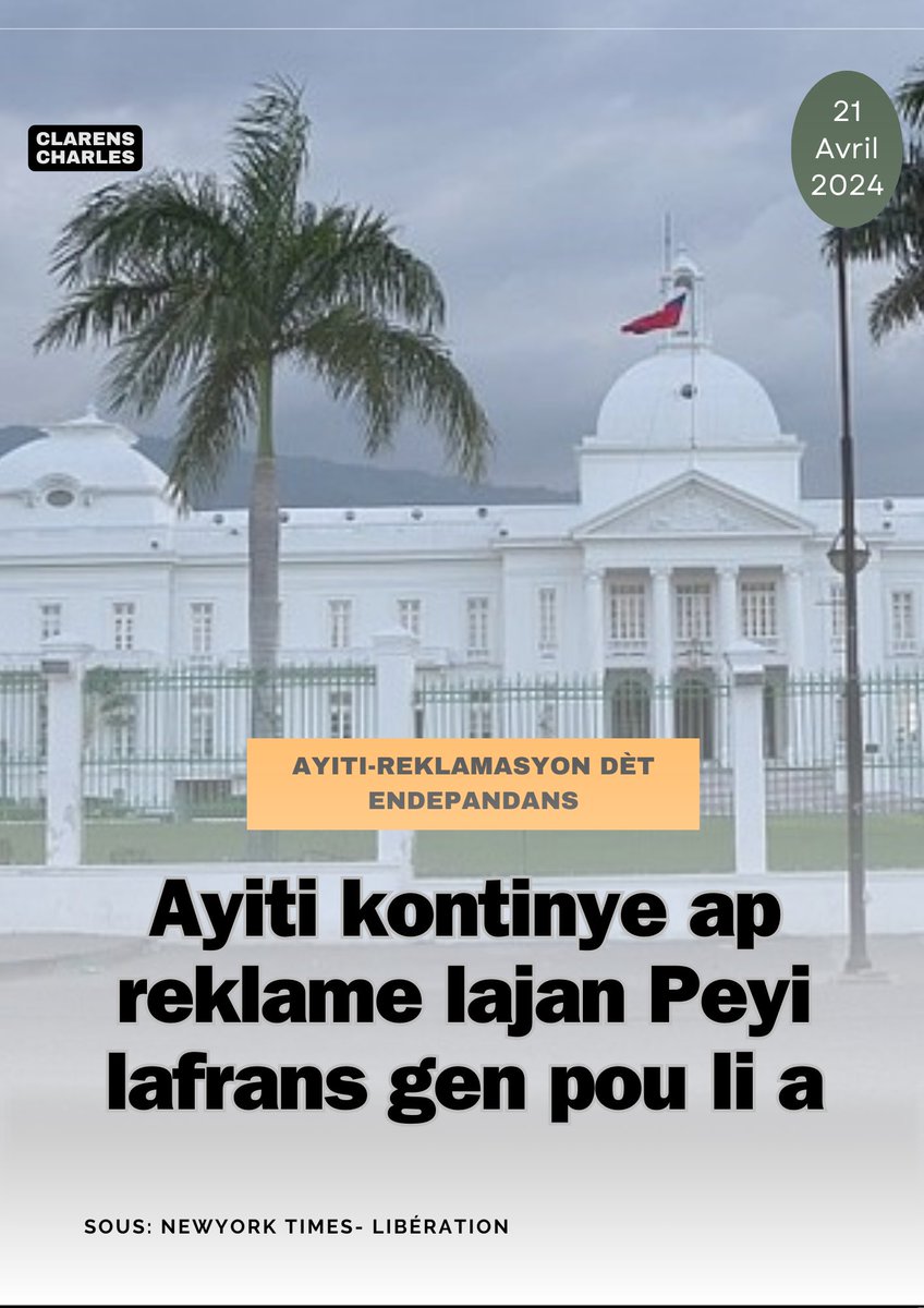 Clarenscharles_'s tweet photo. 21 lane aprè Ayiti fin pran endepandans li, yon eskadwon lame fransè tounen avèk yon iltimatòm Wa Charles X: oswa Ayiti peye lafrans lajan oubyen lagè. Wa Charles X enpoze pou Ayiti peye 150 milyon fran pou dedomaje ansyen kolon yo. Avèk bato lagè sou lanmè an ki te pare pou debake,Ayiti oblije dakò pou peye lajan sa,Avèk bato lagè sa yo, yo fòse Ayisyen peye pou libète yo yon lòt fwa ankò, premye fwa a ak san yo, fwa sa a ak lajan kach. An 1825, Lafrans egzije senk pèman ànyèl 30 milyon fran. Montan sa a te depase ti mwayen Ayiti te genyen. Premye pèman an pou kont li te apeprè 6 fwa lavalè lajan Ayiti te antre nan menm ane sa a, dapre Beaubrun Ardouin yon istoryen ayisyen 19èm syek ki byen koni. Sa te fè pati plan Lafrans. Si lajan sa a te rete Ayiti, nou kalkile sa te ka ajoute 21 milya dola nan ekonomi Ayiti pandan apeprè 200 lane ki sot pase la yo. Kwak moun pa ka fin konnen montan egzat la, anpil ekonomis ak istoryen finans ki egzamine etid detaye nou fè a di kalkil sa a te modere. Nan sans sa 20 ONG mande te reyini nan vil genèv yo mande Lafrans pou li remèt Ayiti lajan li,daprè yon militant Ayisyèn @moniclesca eritaj dèt sa gen gwo konsekans negatif jiskaprezan sou sistèm edikasyon,sante,ekonomi peyi a,daprè listwa se jis nan 1947 Ayiti te finn peye lafrans lajan sa.
Patajel atik la epi sere li .