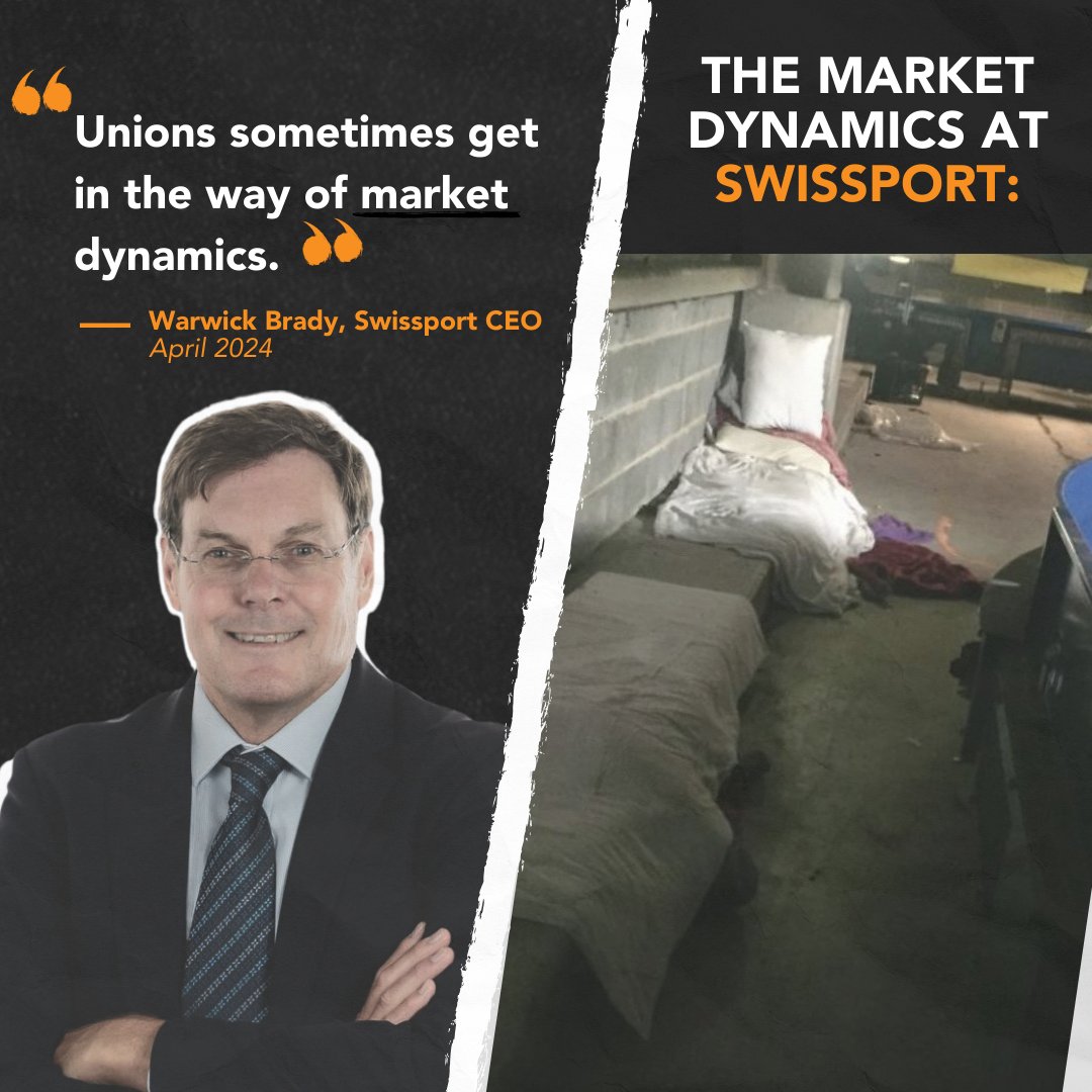 'Unions getting in the way of market dynamics' ie
- Exposing Swissport forcing workers to sleep at the airport in between gruelling split shifts
- Taking Qantas to court for 1700 illegal sackings

Workers will always stand up against corporate bullies like Qantas and Swissport.