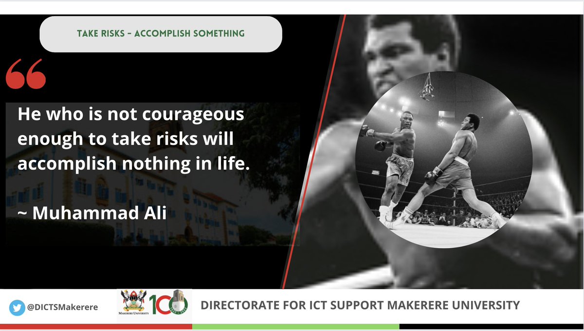 Start your week with #courage.

You need the courage to take risks and launch into the deep as fear takes a back seat even if it's evidently there. Muhammad Ali said, 'He who is not courageous enough to take risks will accomplish nothing in life.'

#BuildForTheFuture