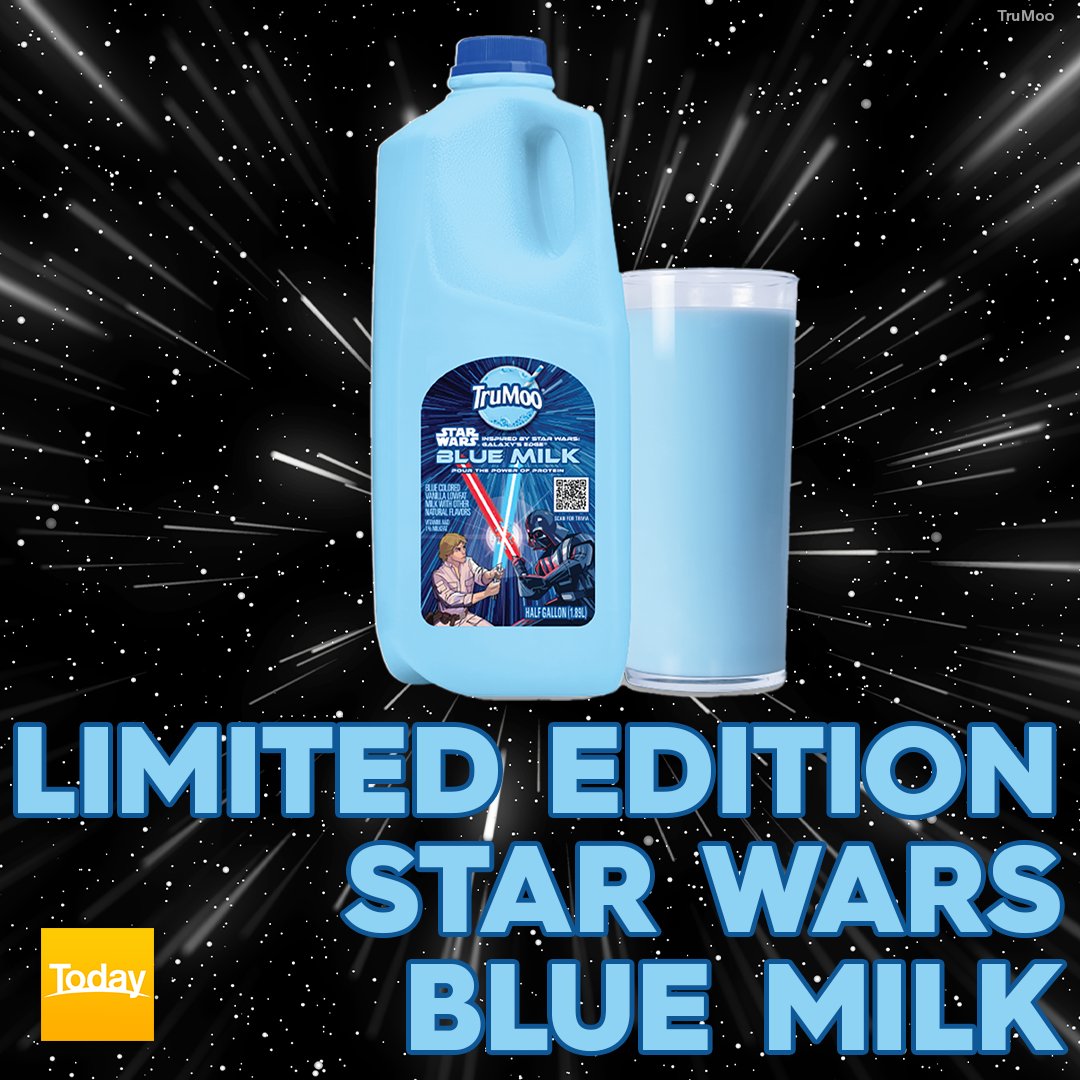A long time ago in a galaxy far, far away... 🥛⭐ Dairy company TruMoo is releasing 'Blue Milk' ahead of Star Wars Day on May 4; A beverage appearing in a scene of 'A New Hope' (1977) before becoming a popular drink across the galaxy. #9Today