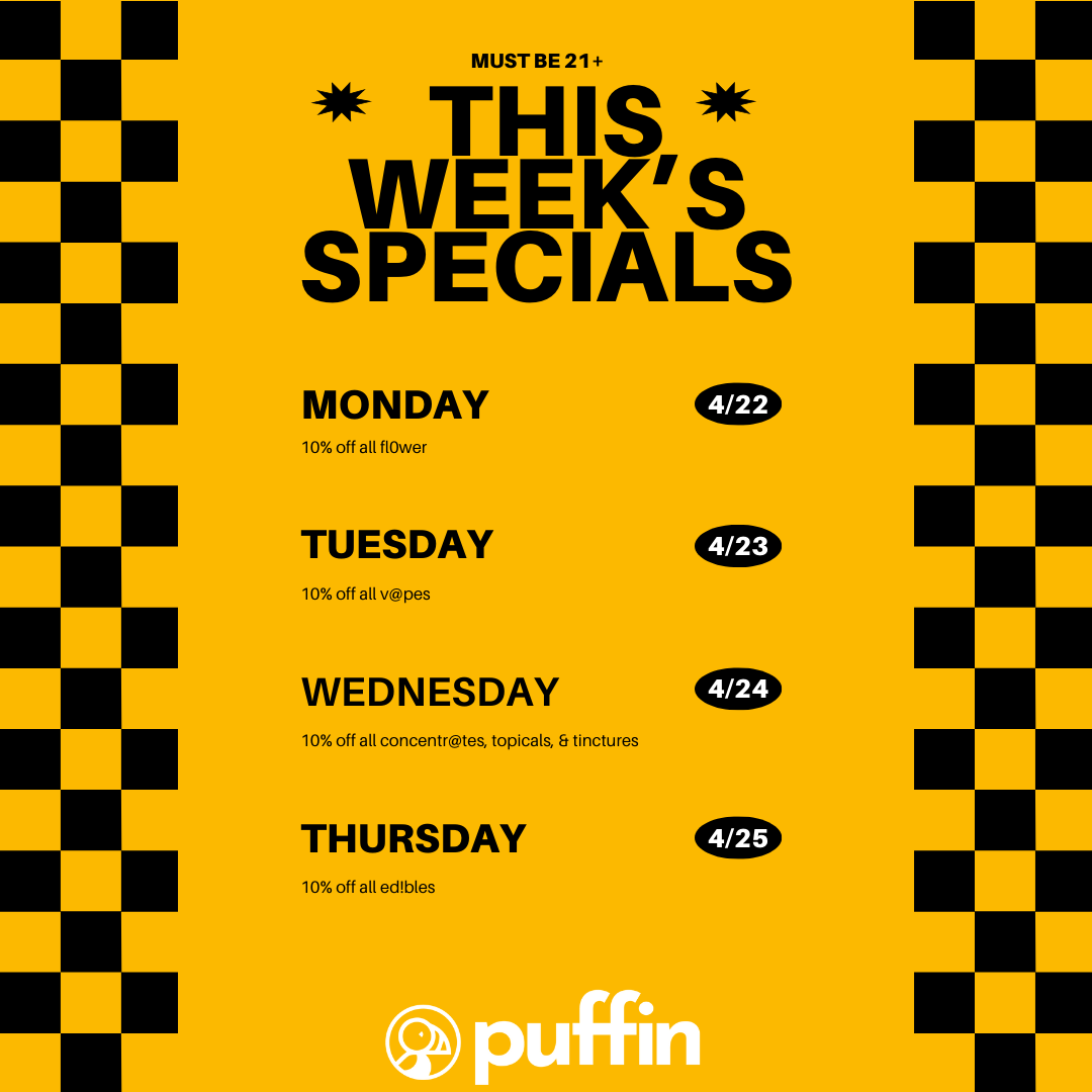 Mark your calendars for a week of excitement at Puffin! 🗓️ 

Each day brings a new reason to visit and discover something special. 

Come on in! We're here from 10-10 daily. 😎

21+. 

#PuffinStoreNJ #PuffinNewBrunswick #PuffinStore #PuffinPuffOut #MinorityOwned #WomanOwned
