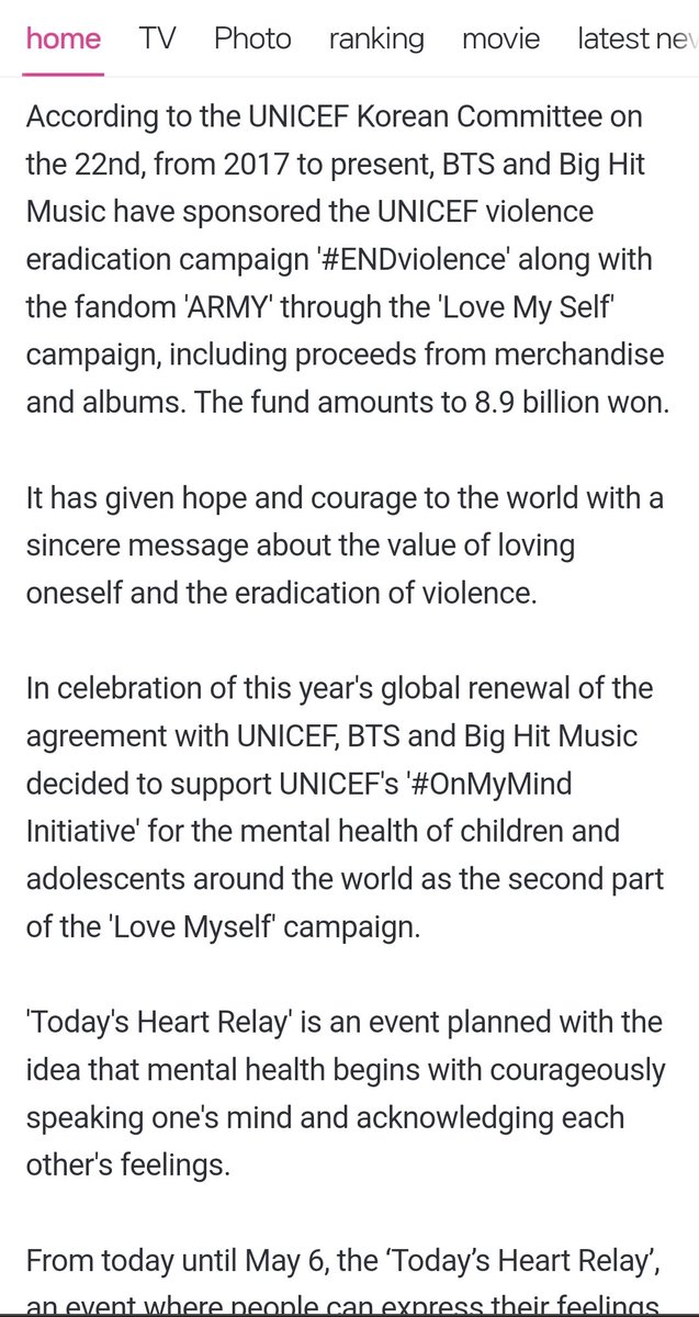 Global renewal of the agreement with UNICEF, @BTS_twt and Big Hit Music decided to support UNICEF's #OnMyMind Initiative' for the mental health of children and adolescents around the world as the second part of the 'Love Myself' campaign m.entertain.naver.com/article/003/00…