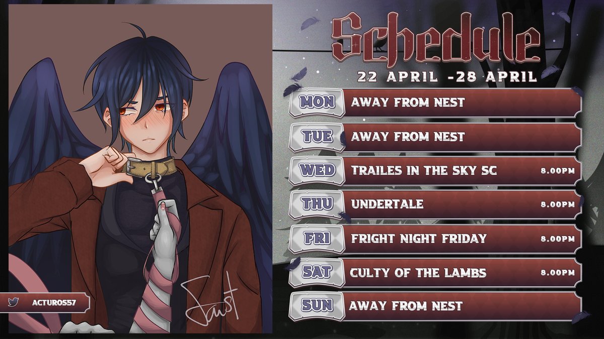 acturos57's tweet photo. stream schedule April 1st-April 7th
🐦⬛#acturos
🎨#actuart
🎬#flockmoments
I'm finally back from my week off i cant wait to stream again i have missed you all!!!!
and to kick this week we have an amazing art from Faust https://t.co/M1Eimn1GYF