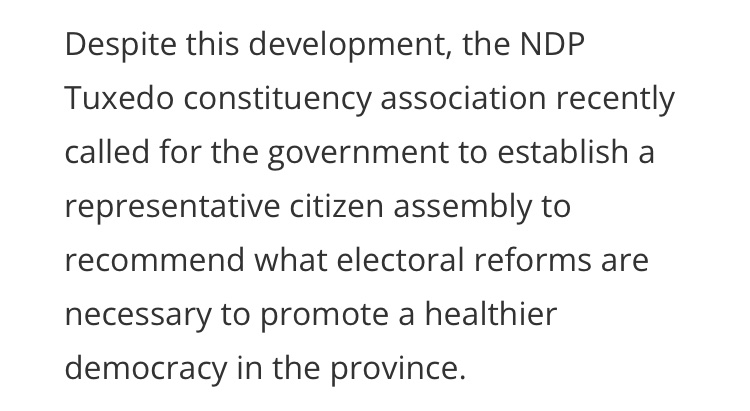 Hats off to the Tuxedo 🤵‍♀️ NDP constituency association for getting the ball rolling. 🎉#electoralreform #mbpoli #citizensassembly @MBFairVote