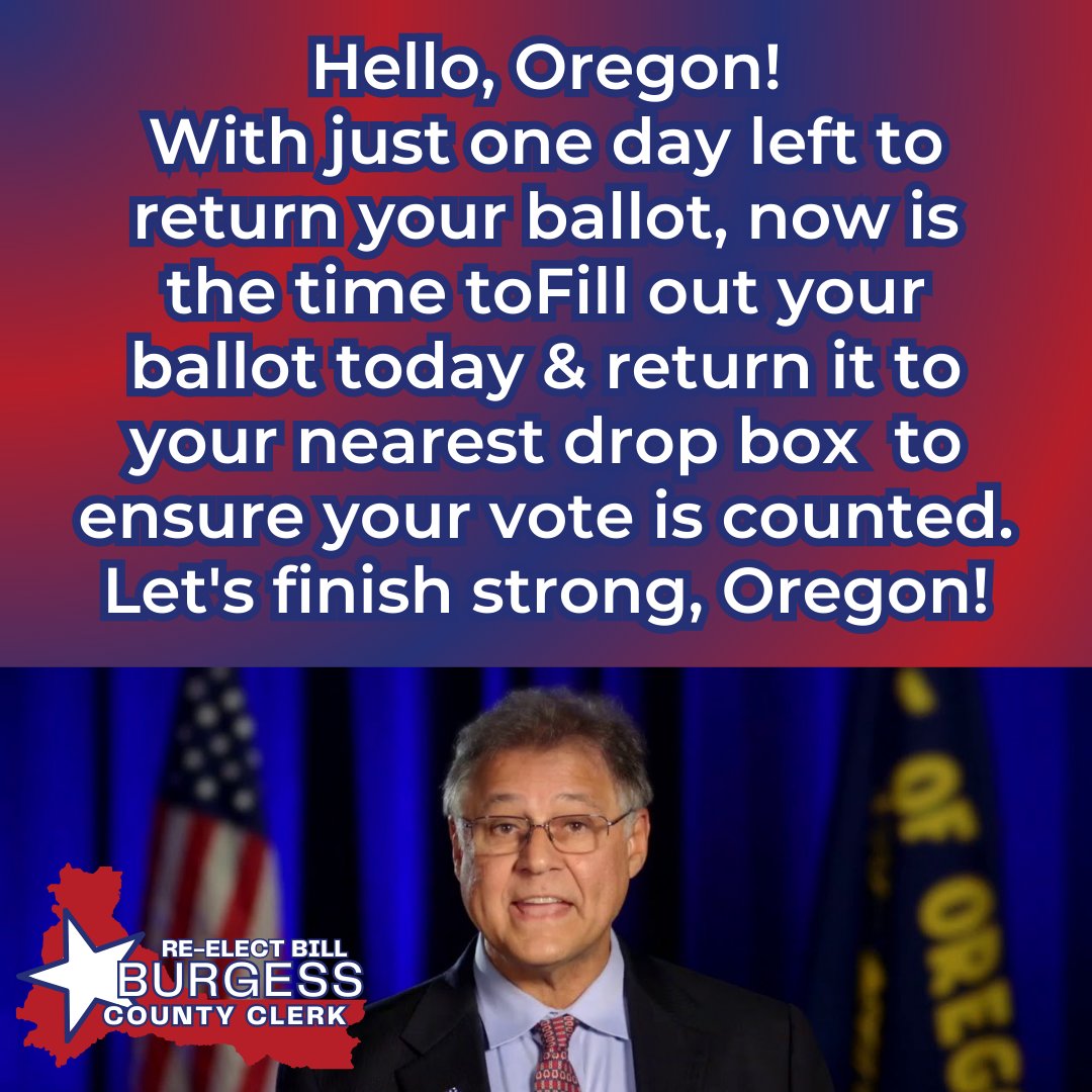 Hello, Oregon! With just one day left to return your ballot, now is the time to act. Fill out your ballot today and return it to a drop box to ensure your vote is counted. Let's finish strong, Oregon! #OrPol #OregonVotes
