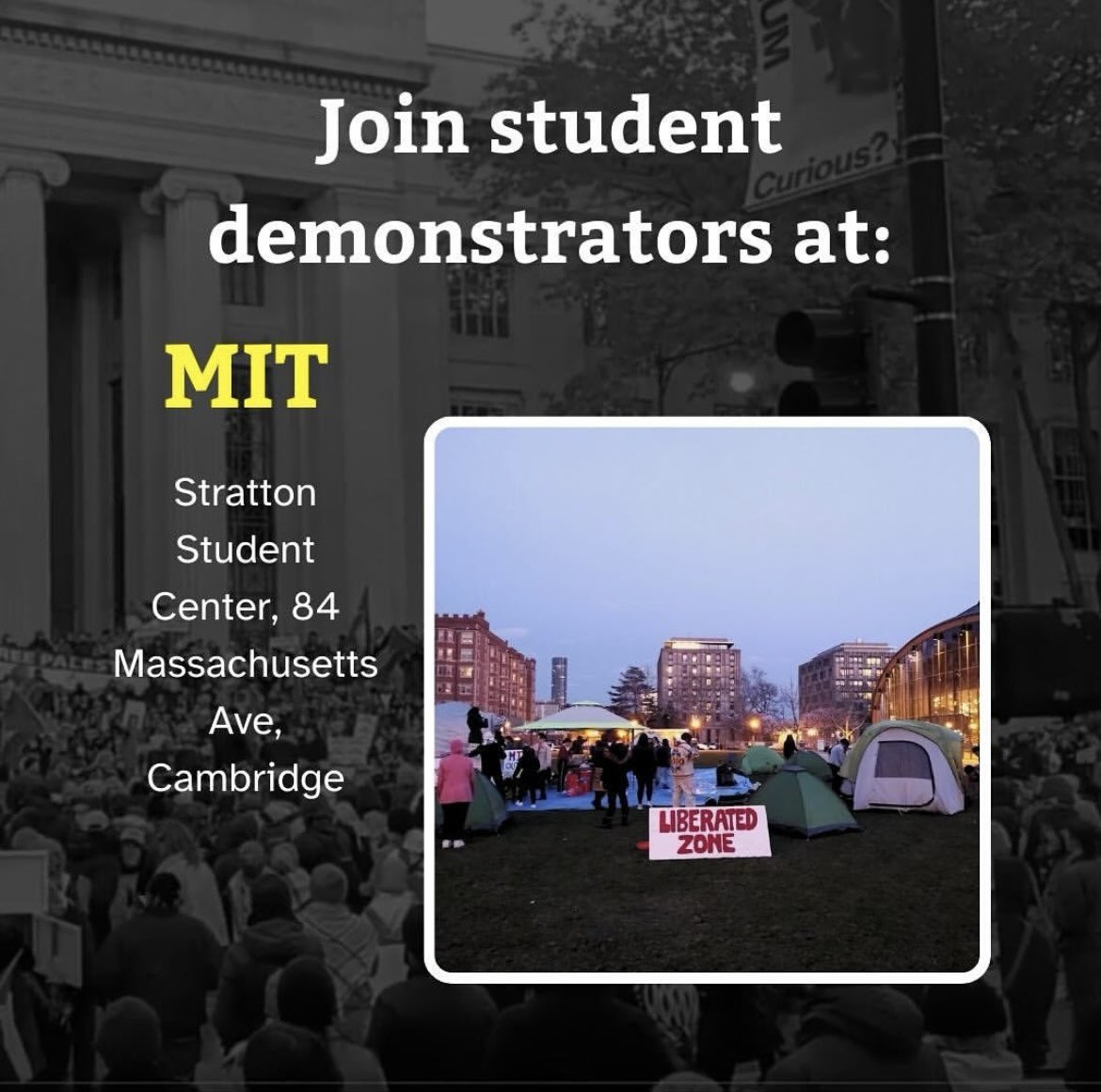 NationalSJP's tweet photo. Today at 7 pm, students from three Boston-area schools—MIT, Emerson, and Tufts—launched encampments to demand that their instituons cut ties from genocide 

WE ARE MOBILIZED, UNIFIED, AND DETERMINED. WE WILL SEIZE CONTROL OF OUR CAMPUSES UNTIL PALESTINE IS FREE! https://t.co/u18np9vLyl