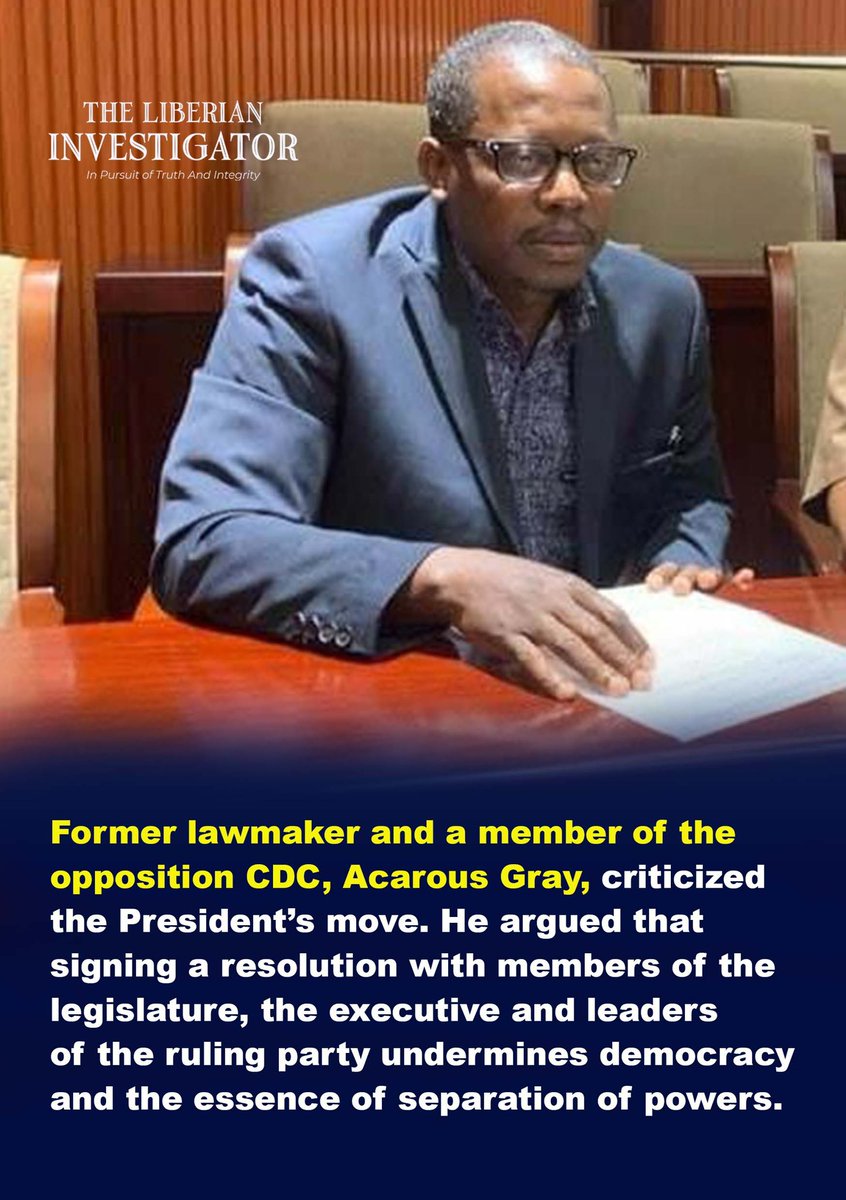 Pres. Boakai hosted an Executive-Legislative Retreat in Tubmanburg on April 20, 2024, engaging Unity Party-aligned House members and leaders of the party, but have faced criticism from opposition figure Acarous Gray for governmental overreach. Gray cites separation of powers