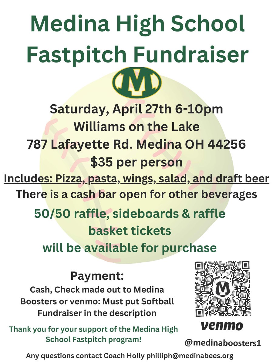 MedinaBoosters (@medinaboosters) on Twitter photo The <a href="/medinafastpitch/">Medina Fastpitch</a> Fundraiser is coming up this Saturday and you can be there! Join the team at Williams on the Lake for pizza, pasta, wings and more. $35 per person. Questions? Contact Coach Holly at philliph@medinabees.org <a href="/medinaathletics/">Medina Athletics</a> The <a href="/medinafastpitch/">Medina Fastpitch</a> Fundraiser is coming up this Saturday and you can be there! Join the team at Williams on the Lake for pizza, pasta, wings and more. $35 per person. Questions? Contact Coach Holly at philliph@medinabees.org <a href="/medinaathletics/">Medina Athletics</a>