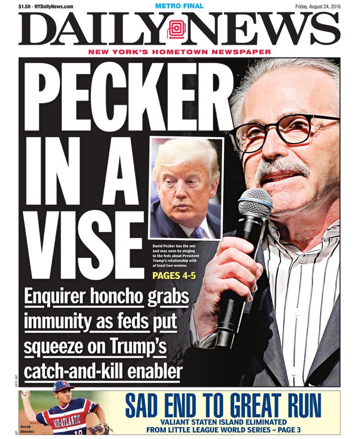In honor of David Pecker presumably being the first witness called, I’ve reposted @NYDailyNews front page from Aug 23, 2018. Trump’s Pecker in a Vice 😁