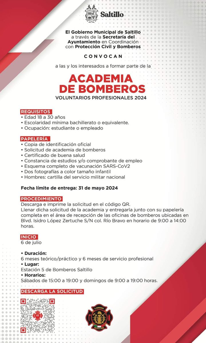 Te invitamos a formar parte de la Academia de Bomberos Voluntarios Profesionales 2024 clase 41. 
Busca los requisitos y más información al teléfono 844415-42-22. ¡Inscríbete ya! #Saltillo