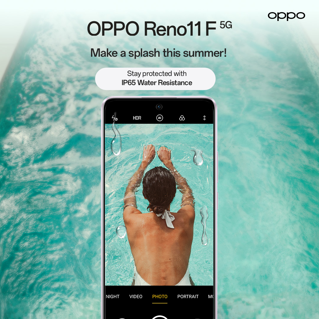 Dive into summer adventure with the #OPPOReno11F5G. Equipped with IP65 Water Resistance, it ensures your device stays protected from the poolside and other water adventures! Get #ThePortraitExpert now. bit.ly/OPPO-Reno11F-5G #OPPOReno11Series5G