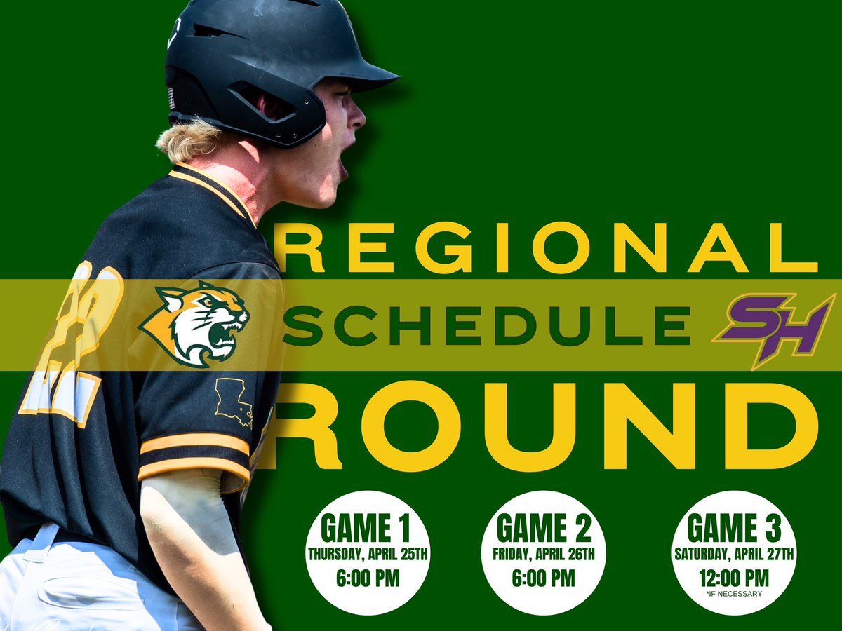 Walker Baseball (@walkerbaseball) on Twitter photo The schedule is set!
Here’s a look at the times and dates for this weekend’s Regional Round Playoff Series in Moss Bluff against the #3-seeded Sam Houston High School Broncos:
#GeauxWildcats The schedule is set!
Here’s a look at the times and dates for this weekend’s Regional Round Playoff Series in Moss Bluff against the #3-seeded Sam Houston High School Broncos:
#GeauxWildcats