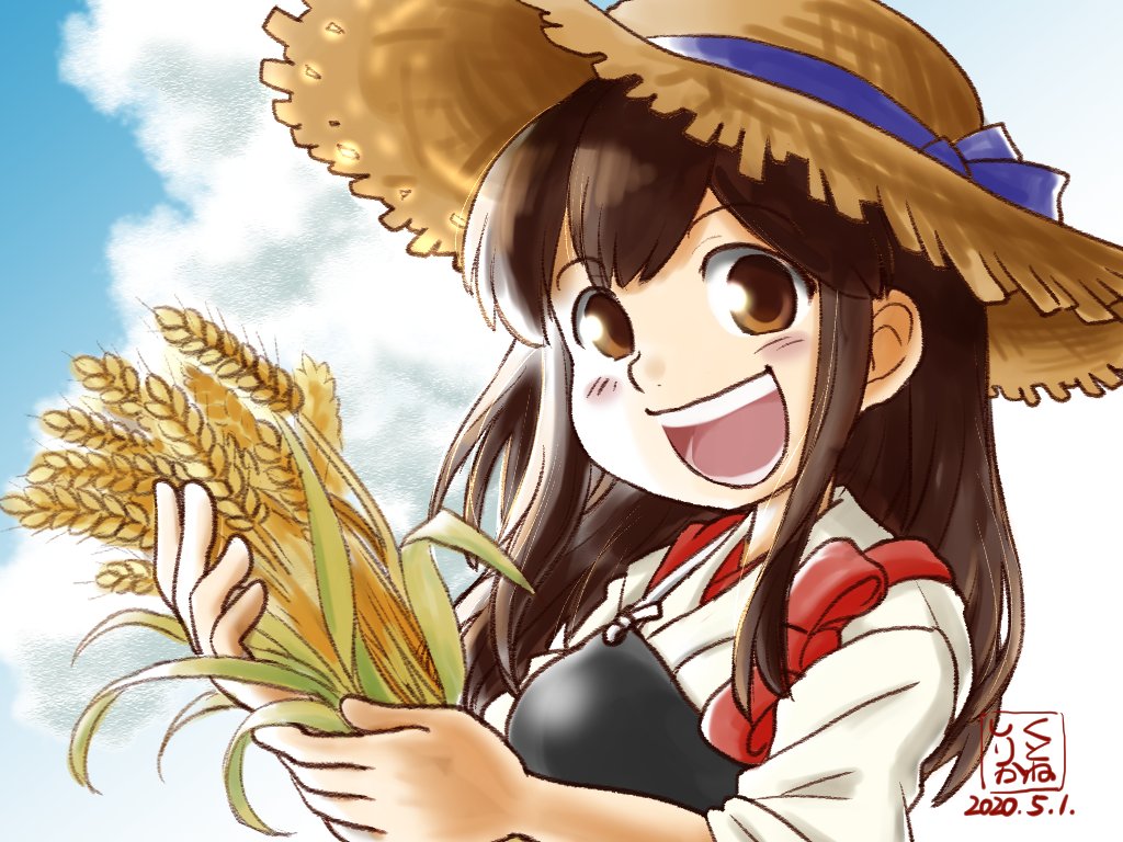 akagi (kancolle) 1girl solo long hair looking at viewer smile open mouth brown hair  illustration images