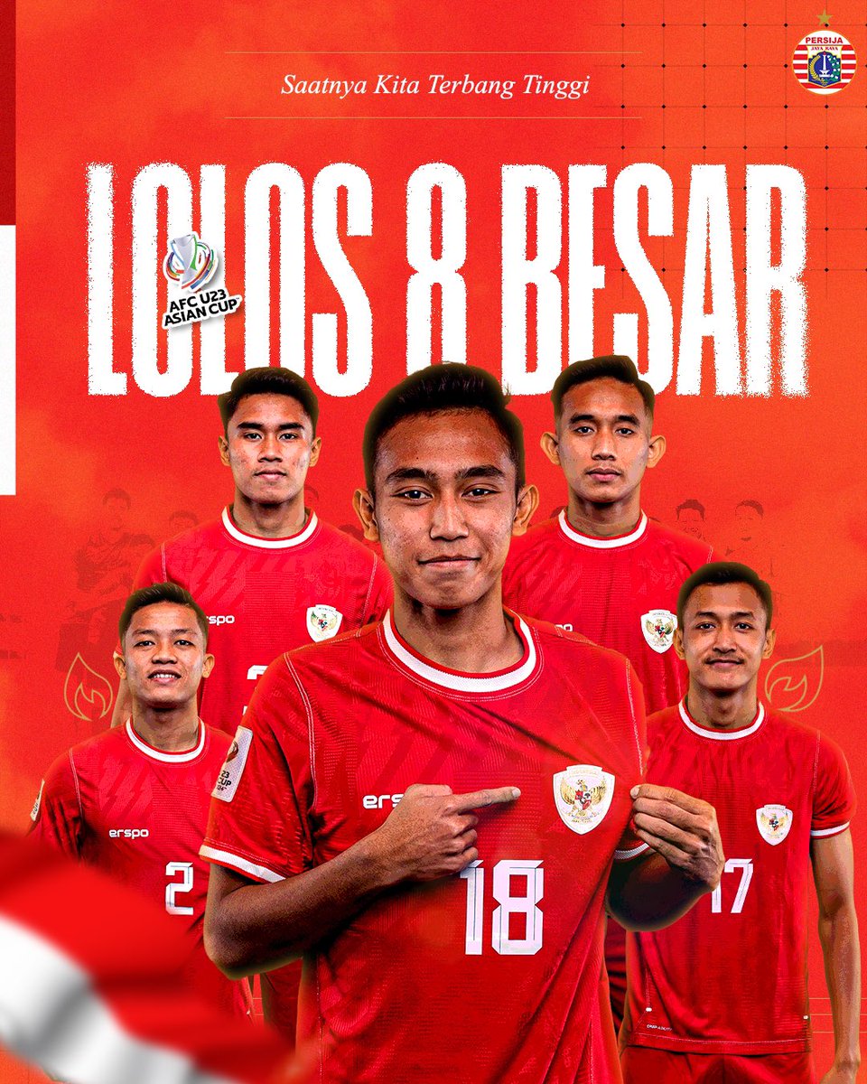 𝐒𝐄𝐋𝐀𝐌𝐀𝐓 𝐈𝐍𝐃𝐎𝐍𝐄𝐒𝐈𝐀 🇮🇩 Timnas U-23 mengukir sejarah baru, berhasil lolos ke 8 besar Piala Asia U-23 setelah mengalahkan Jordania dengan skor 4-1. Bangga! #Persija #Fightin95pirit #PialaAsiaU23