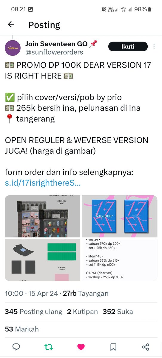 qorilutfi's tweet photo. @sunflowerorders Bismillah ikutan giveaway dari kaka nya,semoga dapet soalnya belum punya album svt satu pun huhu😭😭😭,semoga sehat selalu tambah barokah kakak😘😘 https://t.co/x7h6sxEhZG